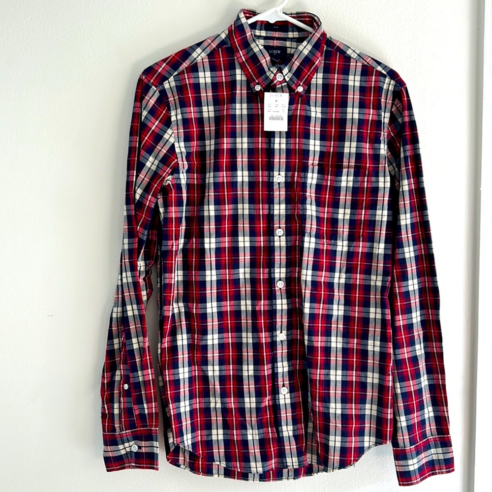 NWT J.Crew cotton red, white, blue paid button down shirt